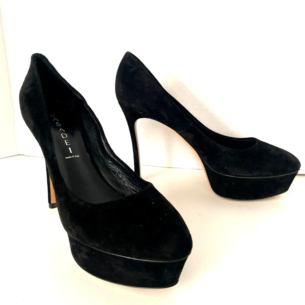 Casadei Flora Pump Black Suede Platform Almond Toe Slim Stiletto Heel 9.5 - Picture 4 of 11